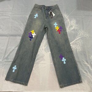 Chrome Hearts Light Blue Jeans With A Cross Pattern